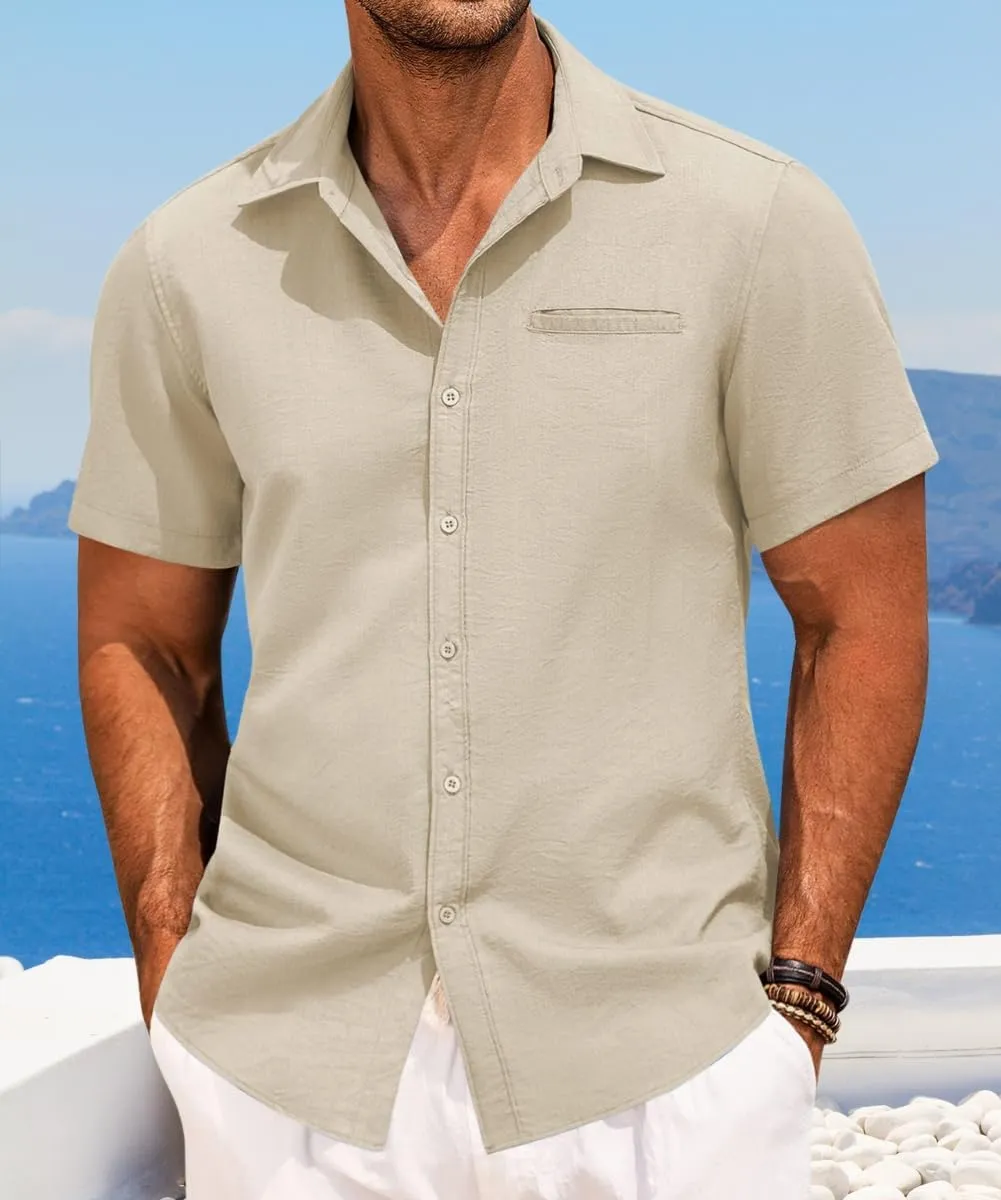PORCLAY Short Sleeve Shirts for Men Summer Casual Button Down V Neck Tops Collared Solid Beach Blouses