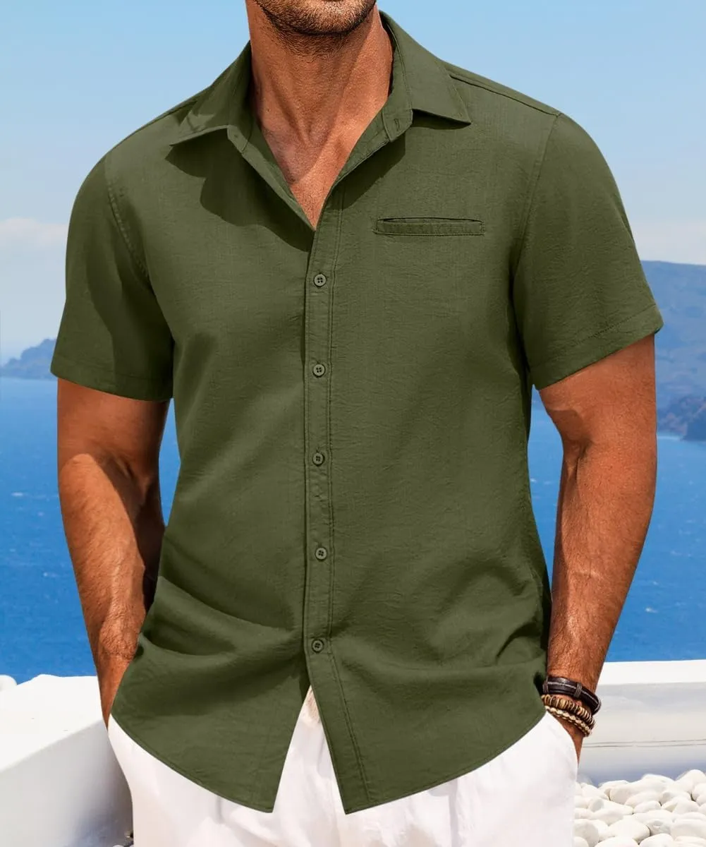 PORCLAY Short Sleeve Shirts for Men Summer Casual Button Down V Neck Tops Collared Solid Beach Blouses