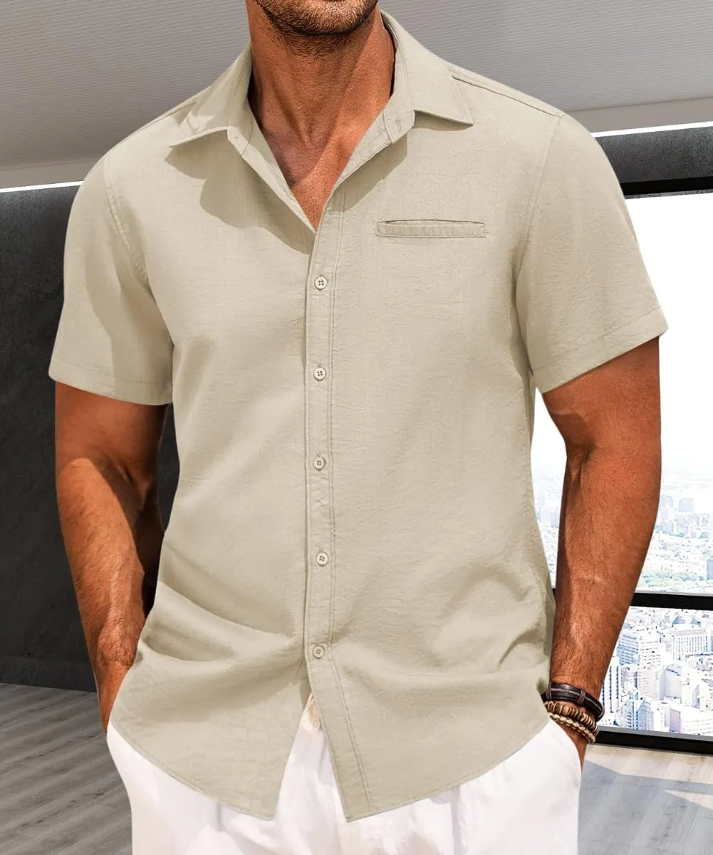 PORCLAY Short Sleeve Shirts for Men Summer Casual Button Down V Neck Tops Collared Solid Beach Blouses