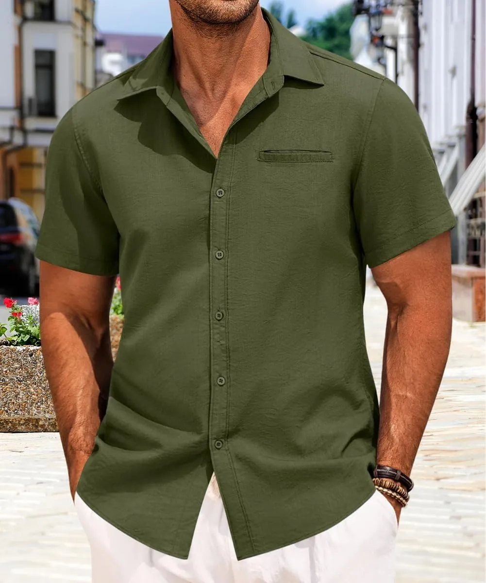 PORCLAY Short Sleeve Shirts for Men Summer Casual Button Down V Neck Tops Collared Solid Beach Blouses