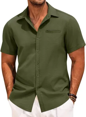 PORCLAY Short Sleeve Shirts for Men Summer Casual Button Down V Neck Tops Collared Solid Beach Blouses