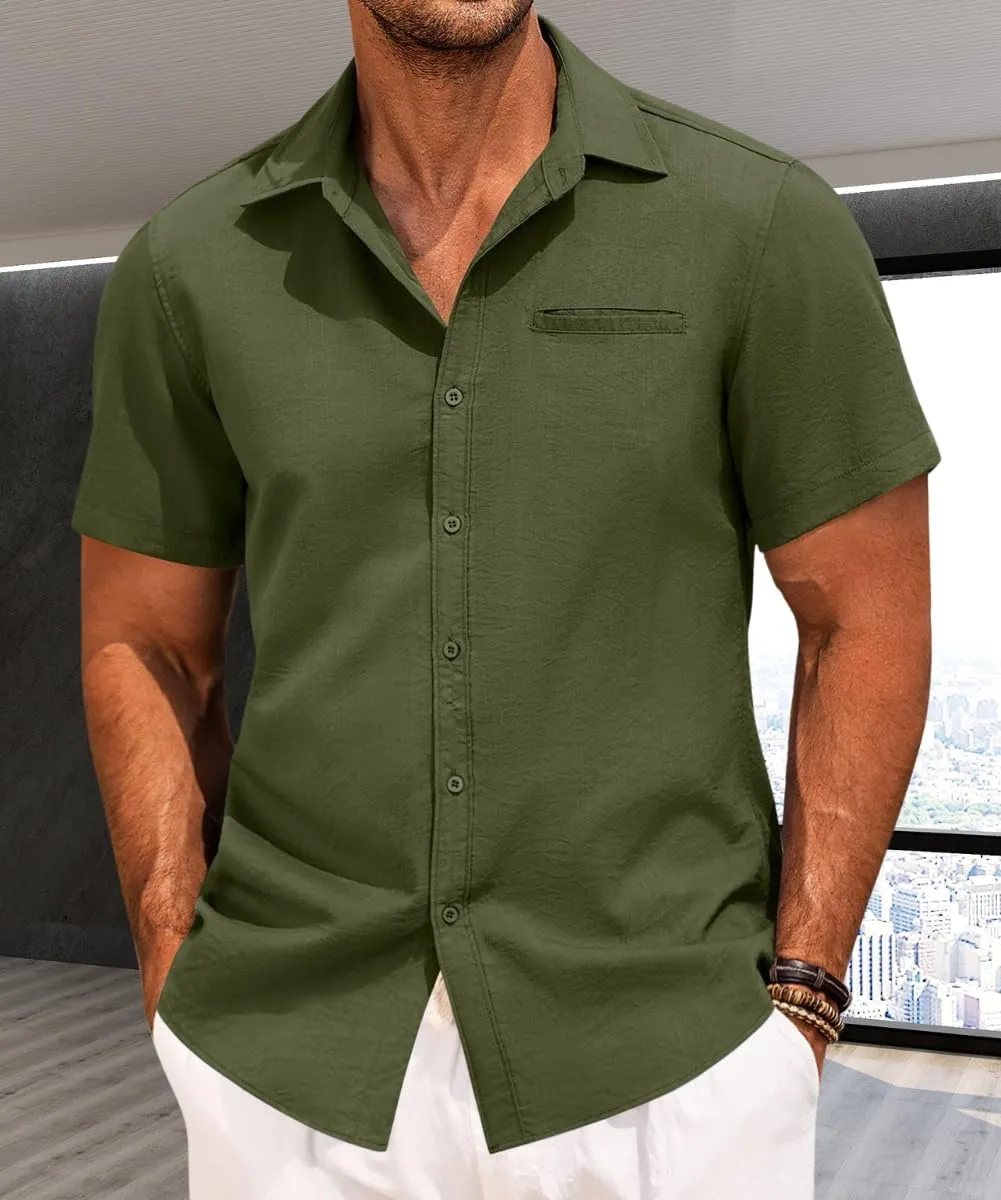 PORCLAY Short Sleeve Shirts for Men Summer Casual Button Down V Neck Tops Collared Solid Beach Blouses