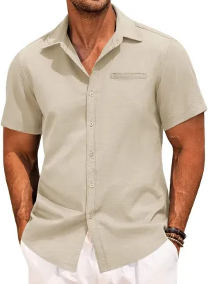 PORCLAY Short Sleeve Shirts for Men Summer Casual Button Down V Neck Tops Collared Solid Beach Blouses