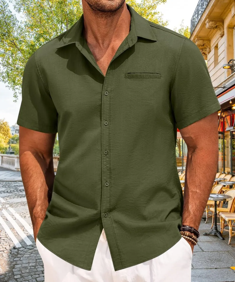 PORCLAY Short Sleeve Shirts for Men Summer Casual Button Down V Neck Tops Collared Solid Beach Blouses