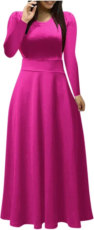 Prom Dresses for Women Plain Long Sleeve Ruffle Swing Dress Causal Elegant Elastic Waist Crewneck Fall Winter Dresses