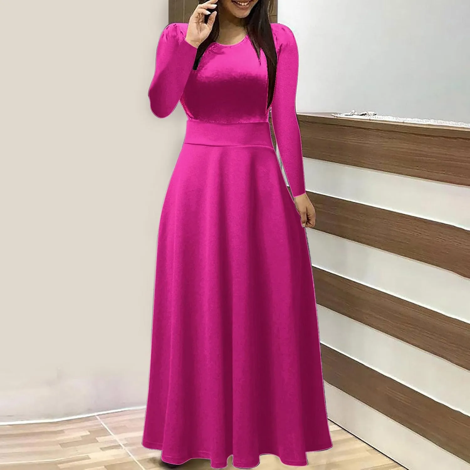 Prom Dresses for Women Plain Long Sleeve Ruffle Swing Dress Causal Elegant Elastic Waist Crewneck Fall Winter Dresses