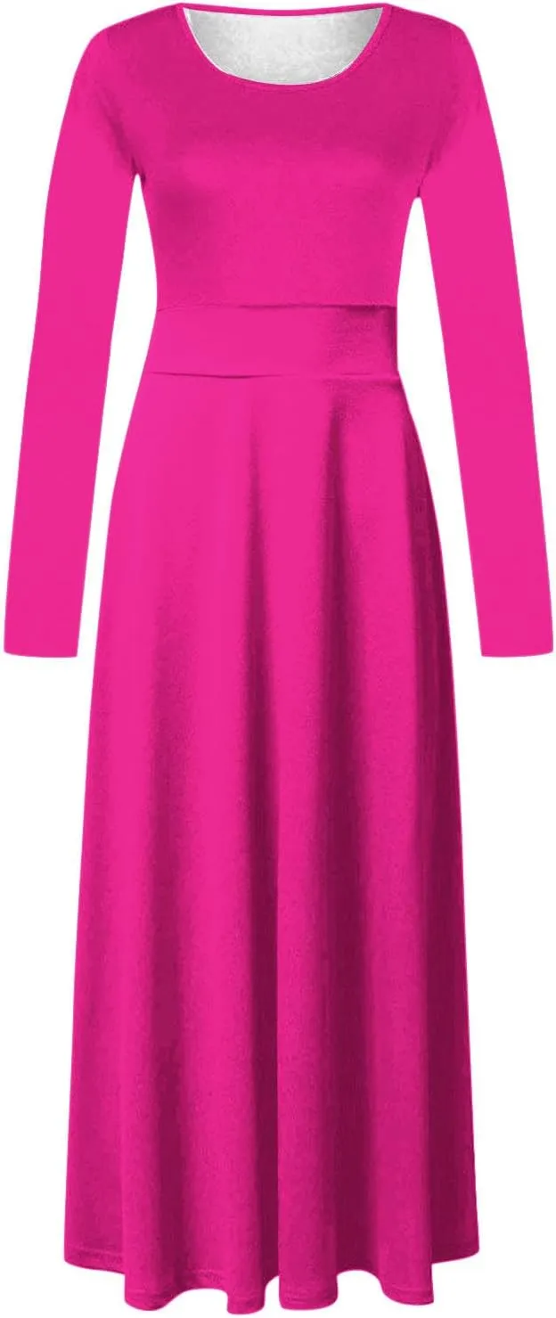 Prom Dresses for Women Plain Long Sleeve Ruffle Swing Dress Causal Elegant Elastic Waist Crewneck Fall Winter Dresses