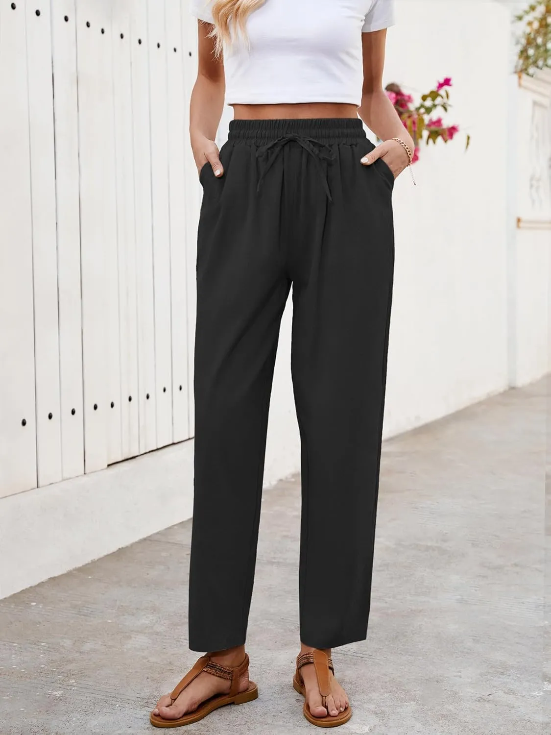 Puimentiua Women Linen Pants Lightweight Capri Pants with Lace Side Summer Casual Beach Drawstring Elastic Waist Trousers