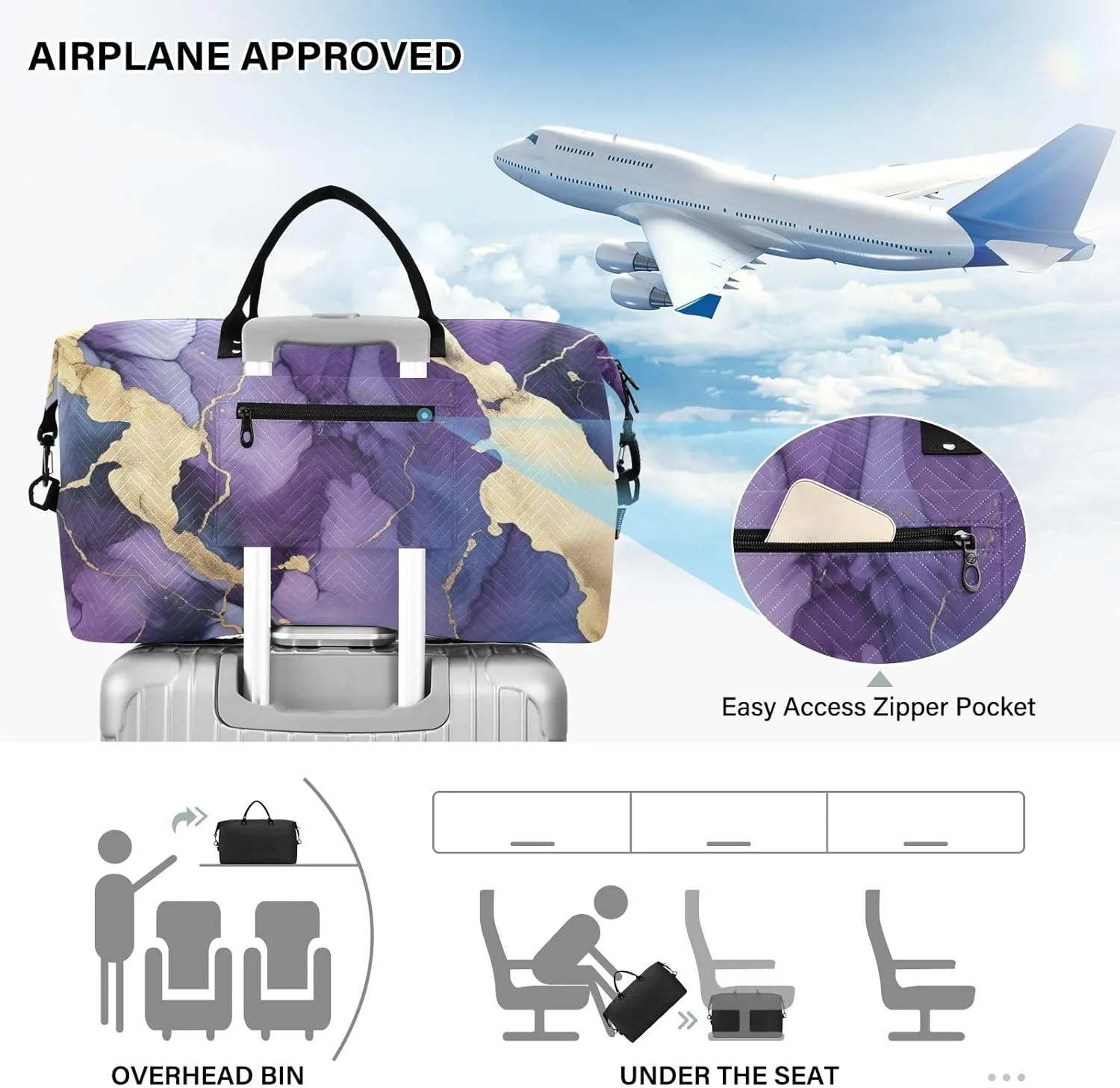 Purple Marble Sports Gym Bag for Women Men Travel Duffel Bag Weekend Overnight Carry on Bag with Toiletry Bag Training Handbag for Plane Hospital Workout Swimming Yoga