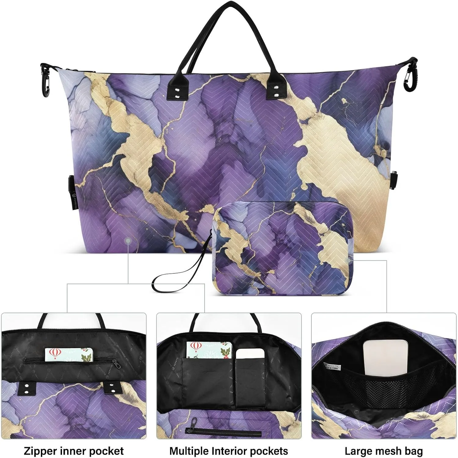 Purple Marble Sports Gym Bag for Women Men Travel Duffel Bag Weekend Overnight Carry on Bag with Toiletry Bag Training Handbag for Plane Hospital Workout Swimming Yoga