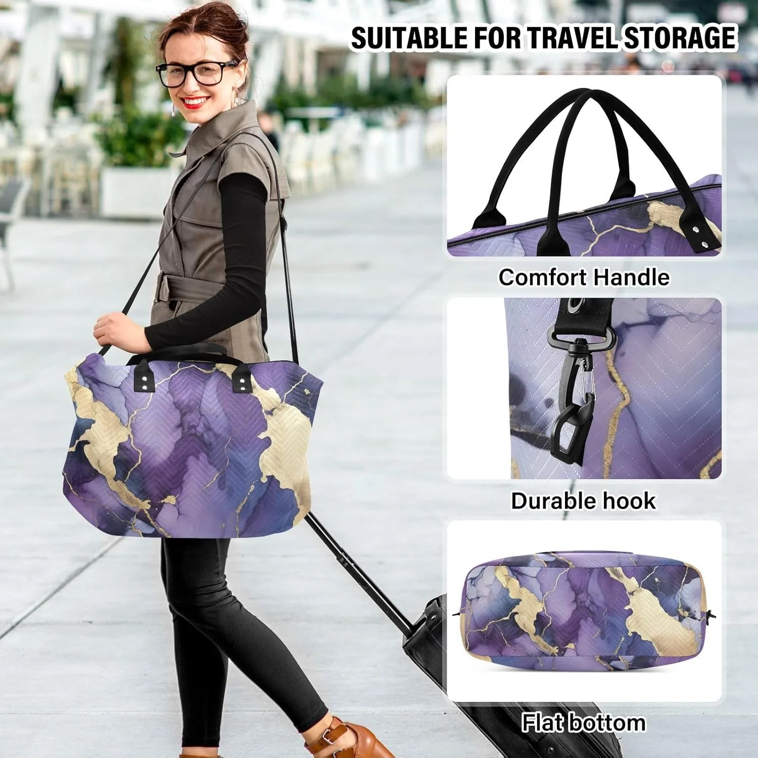 Purple Marble Sports Gym Bag for Women Men Travel Duffel Bag Weekend Overnight Carry on Bag with Toiletry Bag Training Handbag for Plane Hospital Workout Swimming Yoga