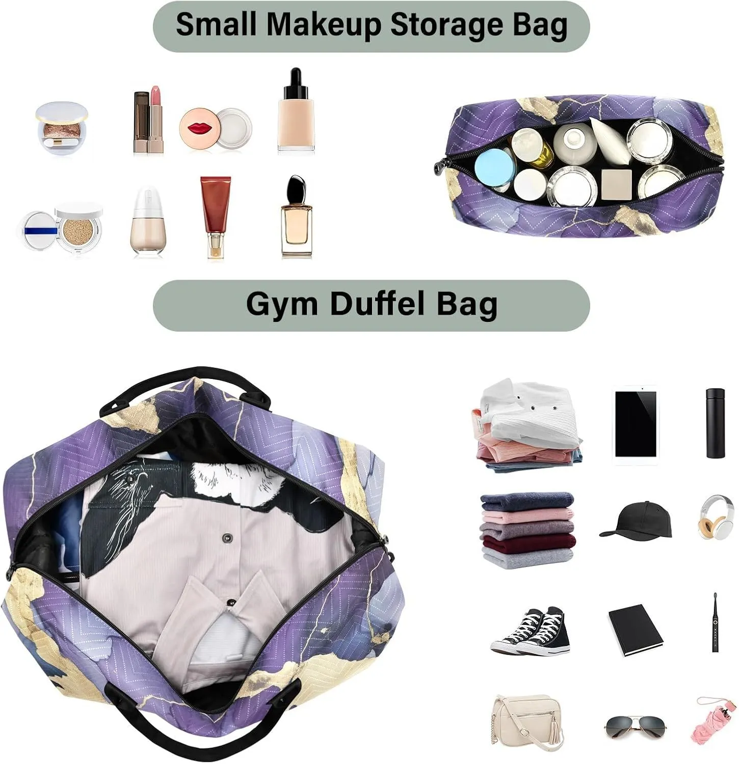 Purple Marble Sports Gym Bag for Women Men Travel Duffel Bag Weekend Overnight Carry on Bag with Toiletry Bag Training Handbag for Plane Hospital Workout Swimming Yoga