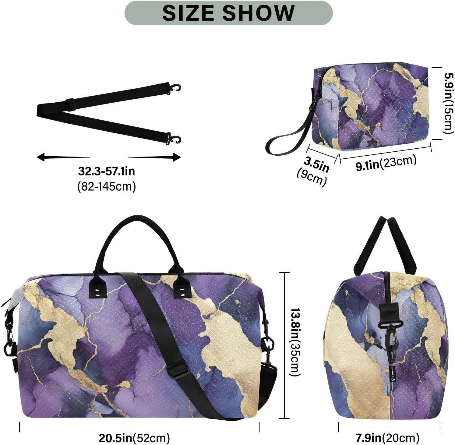 Purple Marble Sports Gym Bag for Women Men Travel Duffel Bag Weekend Overnight Carry on Bag with Toiletry Bag Training Handbag for Plane Hospital Workout Swimming Yoga