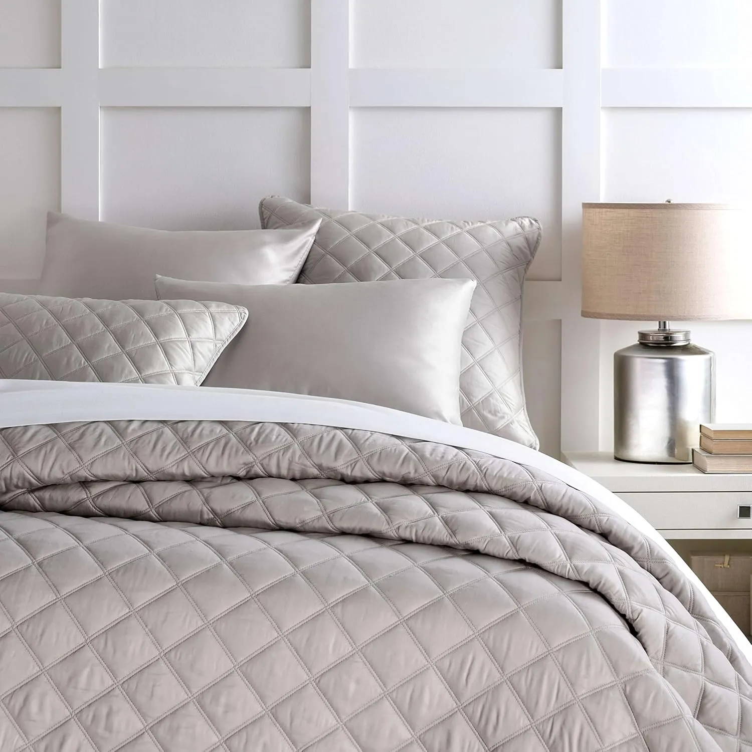 Quilted Silken Solid Grey Coverlet, King Size, Grey Solid Pattern