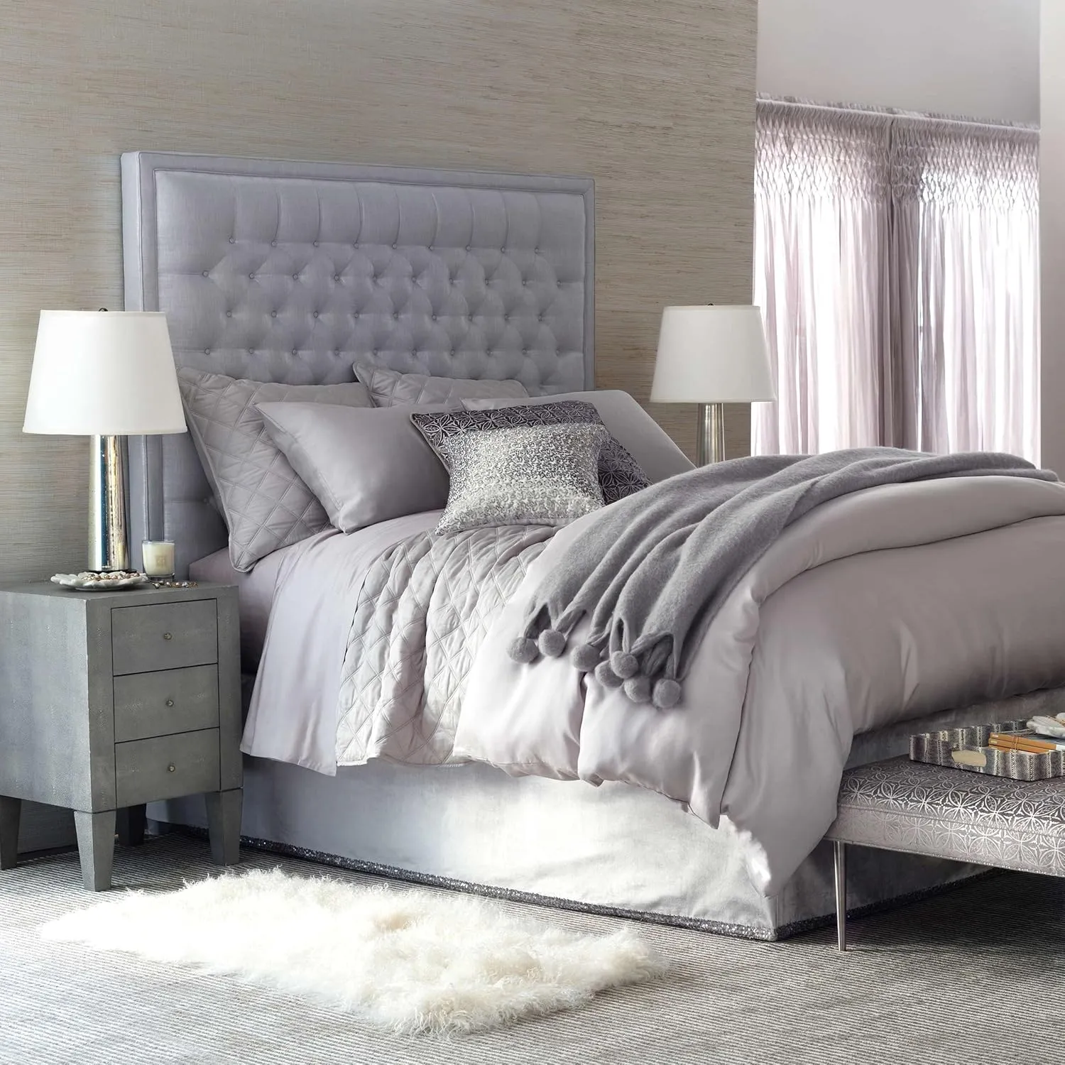 Quilted Silken Solid Grey Coverlet, King Size, Grey Solid Pattern