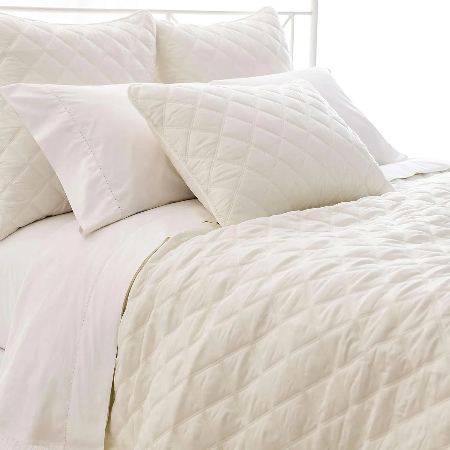 Quilted Silken Solid Ivory Coverlet, King Size, Ivory Solid Pattern