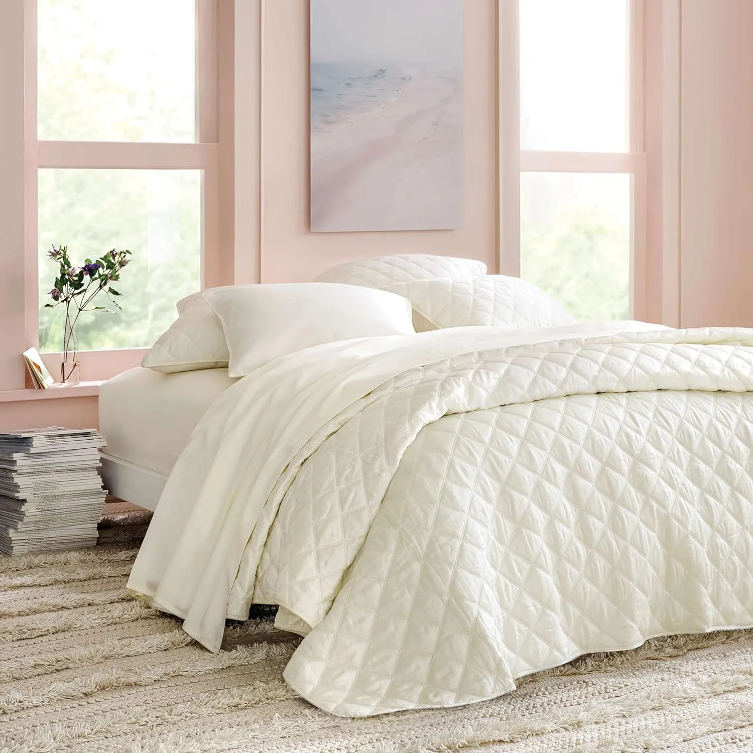Quilted Silken Solid Ivory Coverlet, King Size, Ivory Solid Pattern