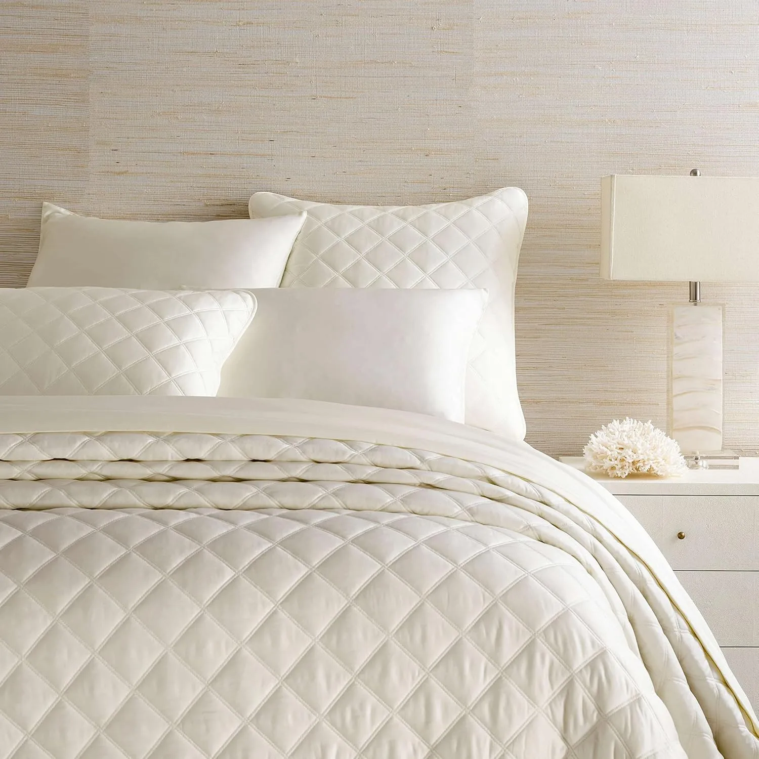 Quilted Silken Solid Ivory Coverlet, King Size, Ivory Solid Pattern