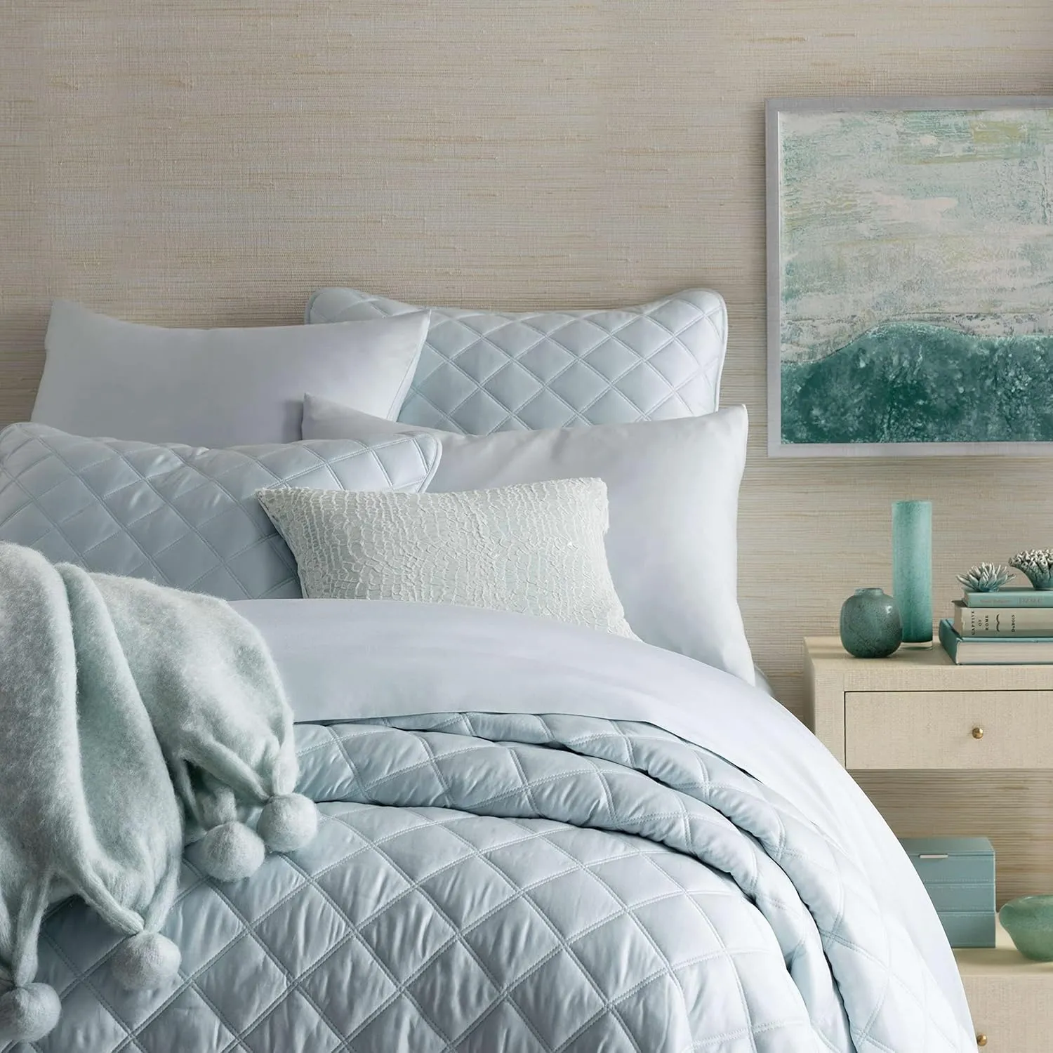 Quilted Silken Solid Robin's Egg Blue Coverlet, King Size, Blue Solid Pattern