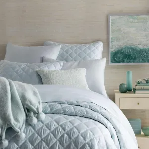 Quilted Silken Solid Robin's Egg Blue Coverlet, King Size, Blue Solid Pattern