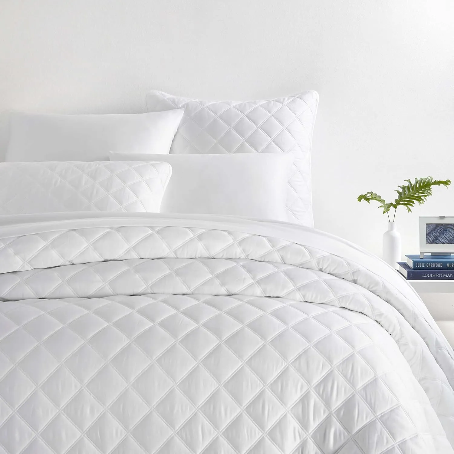 Quilted Silken Solid White Coverlet, King Size, White Solid Pattern