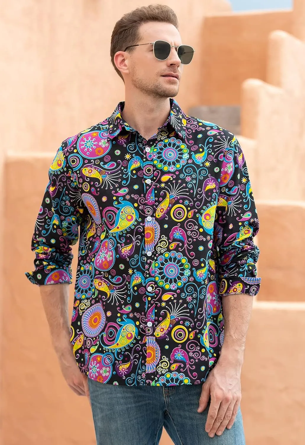QZH.DUAO Mens 70s Disco Linen Shirts Casual Paisley Tops Floral Vintage Long Sleeve Shirt