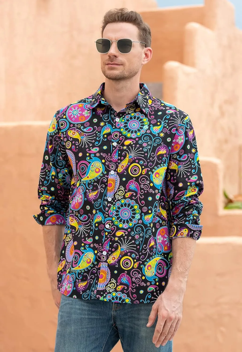 QZH.DUAO Mens 70s Disco Linen Shirts Casual Paisley Tops Floral Vintage Long Sleeve Shirt