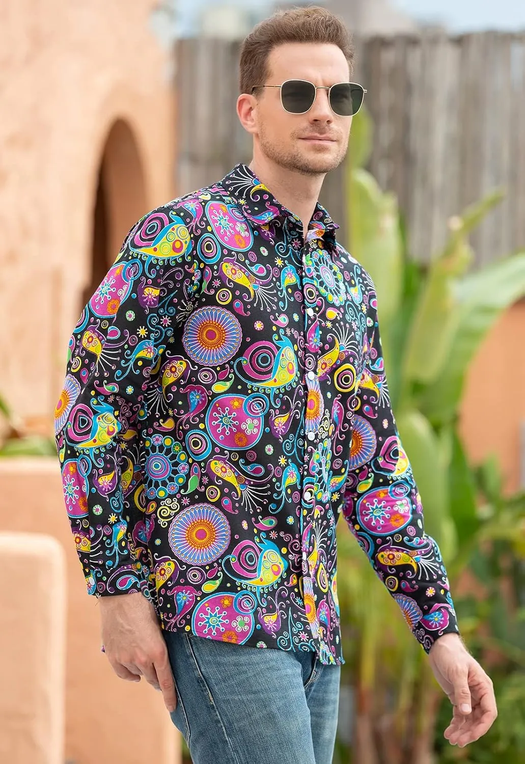 QZH.DUAO Mens 70s Disco Linen Shirts Casual Paisley Tops Floral Vintage Long Sleeve Shirt