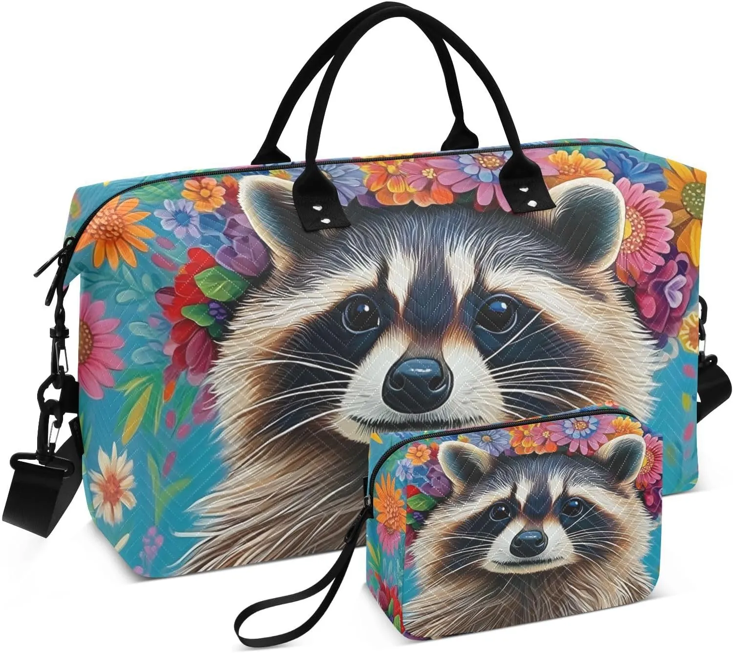 Raccoon Garland Colorful Duffel Bag for Traveling, Gym Bags with Multiple Interior Pockets for Women Men Toiletry Purse Included 20.5”x 1.9” x 13.8”