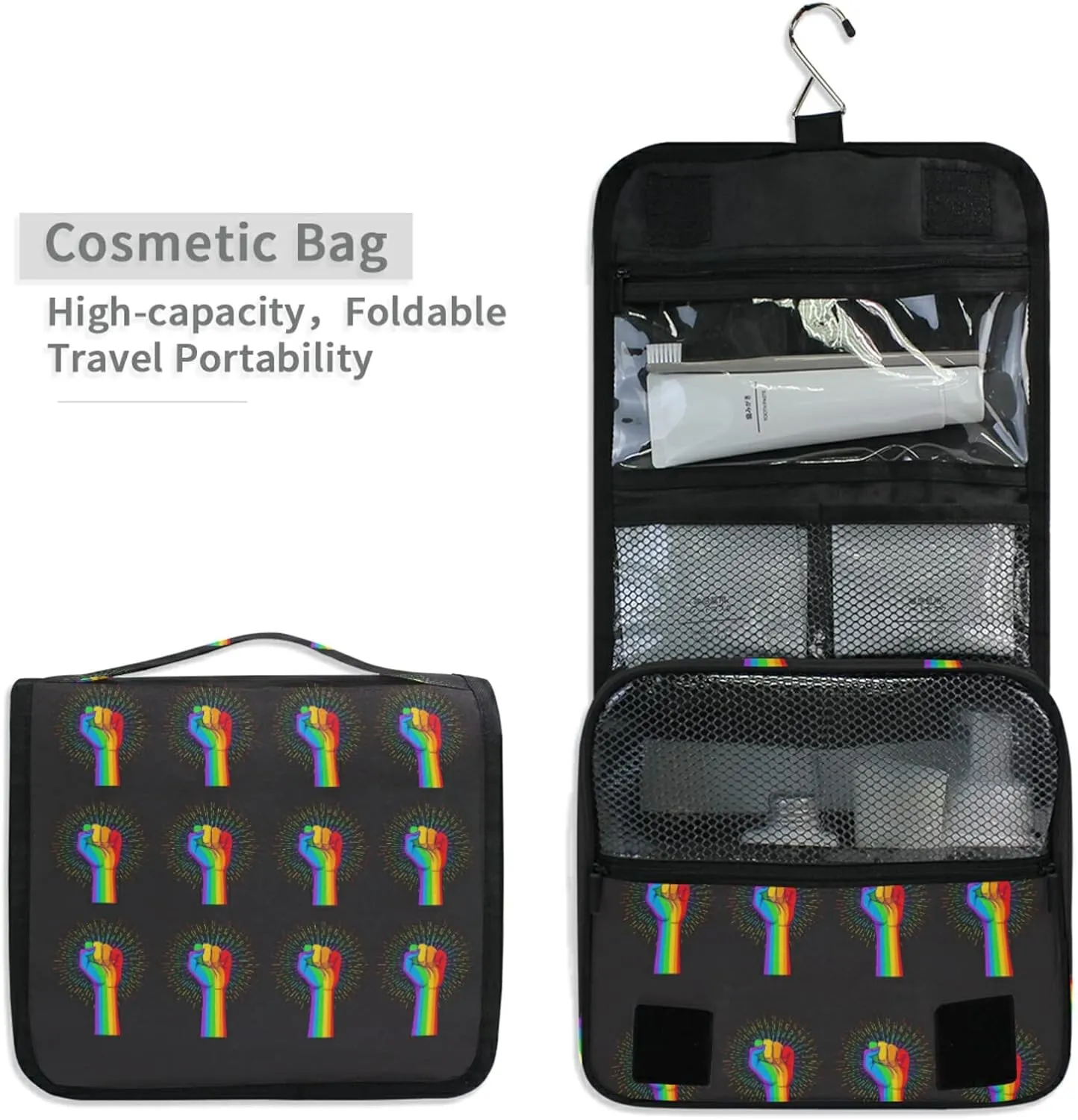 Rainbow Fist Raised on Black Hanging Wash Gargle Toiletry Bag Travel Cosmetic Makeup Case Organizer Storage Large Portable