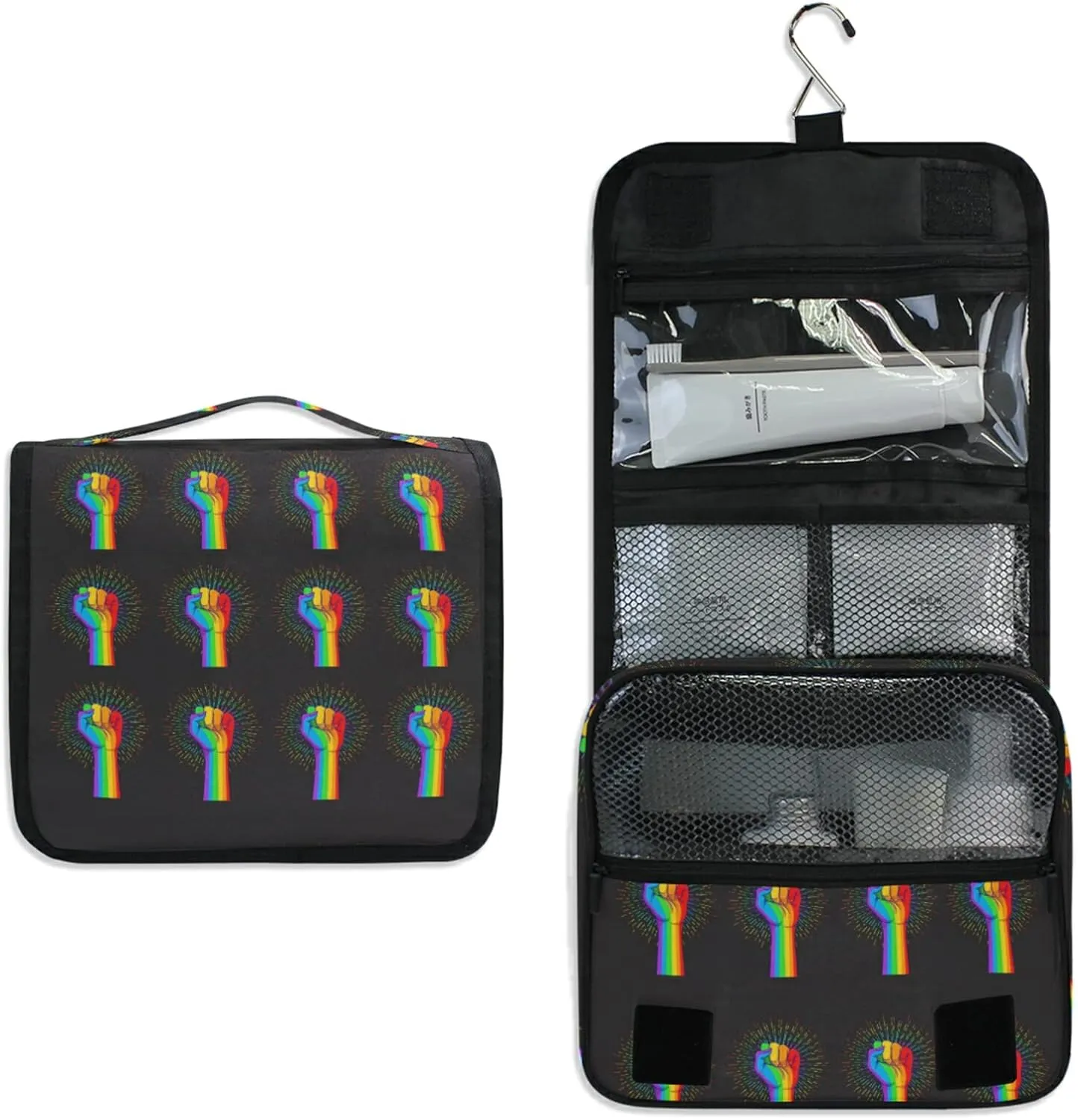 Rainbow Fist Raised on Black Hanging Wash Gargle Toiletry Bag Travel Cosmetic Makeup Case Organizer Storage Large Portable