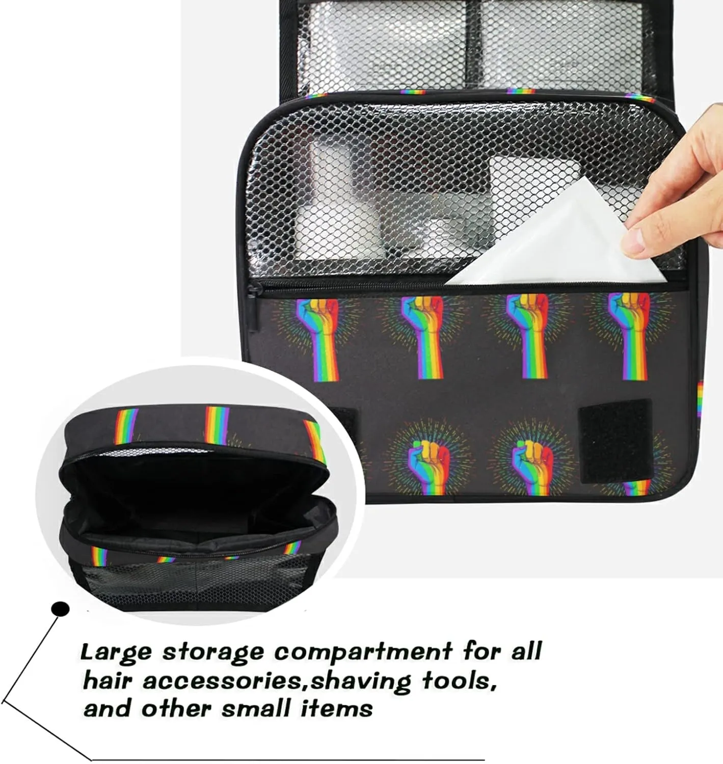 Rainbow Fist Raised on Black Hanging Wash Gargle Toiletry Bag Travel Cosmetic Makeup Case Organizer Storage Large Portable