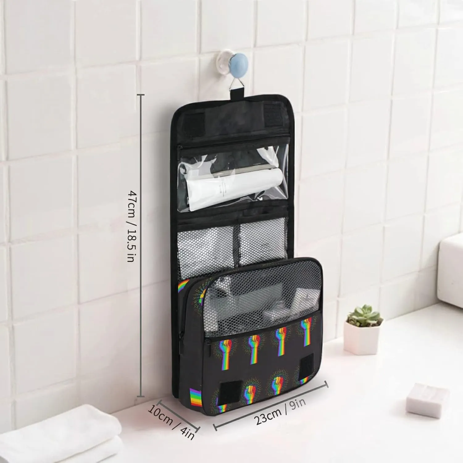 Rainbow Fist Raised on Black Hanging Wash Gargle Toiletry Bag Travel Cosmetic Makeup Case Organizer Storage Large Portable