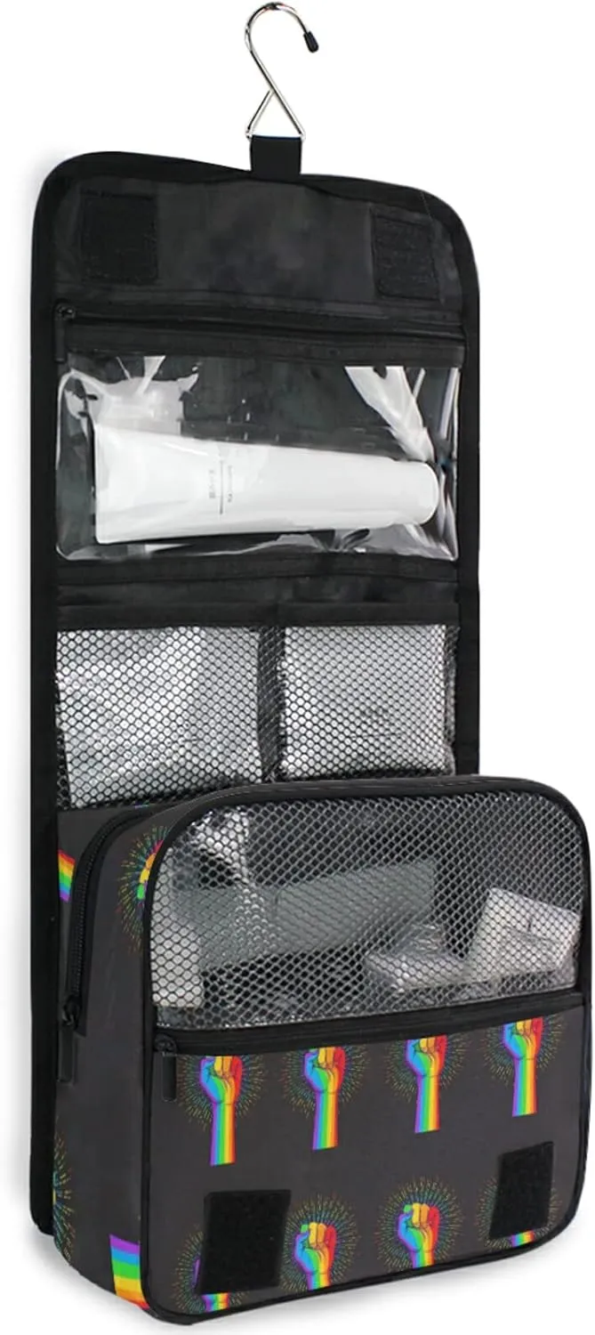 Rainbow Fist Raised on Black Hanging Wash Gargle Toiletry Bag Travel Cosmetic Makeup Case Organizer Storage Large Portable