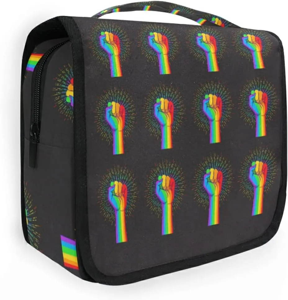 Rainbow Fist Raised on Black Hanging Wash Gargle Toiletry Bag Travel Cosmetic Makeup Case Organizer Storage Large Portable