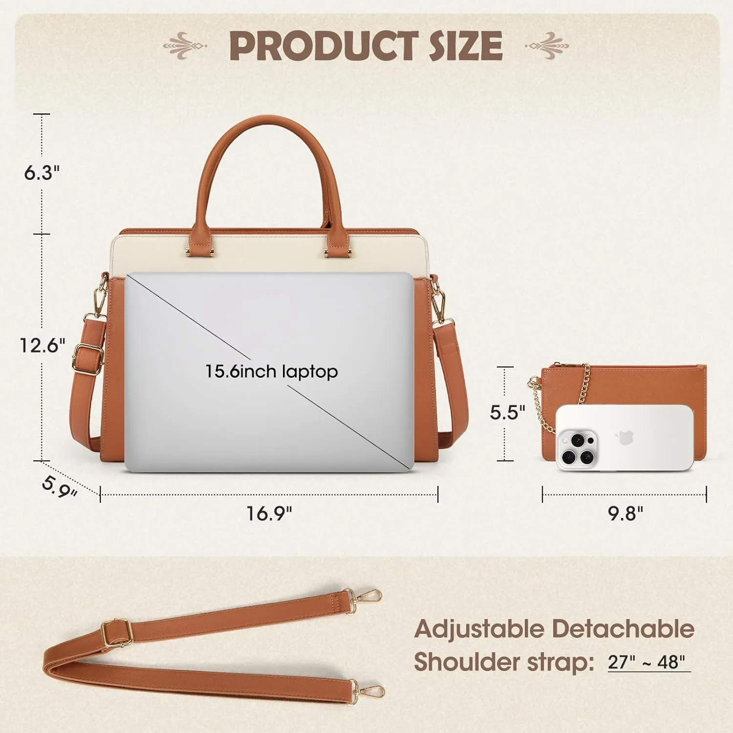 RAINSMORE Laptop Bag for Women 15.6 Inch Laptop tote Bag, Brown and White