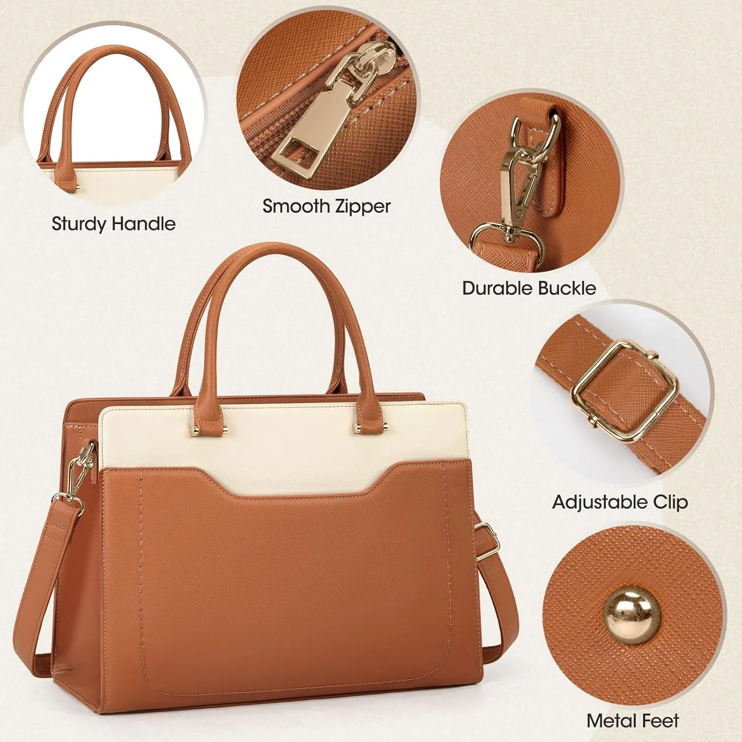RAINSMORE Laptop Bag for Women 15.6 Inch Laptop tote Bag, Brown and White
