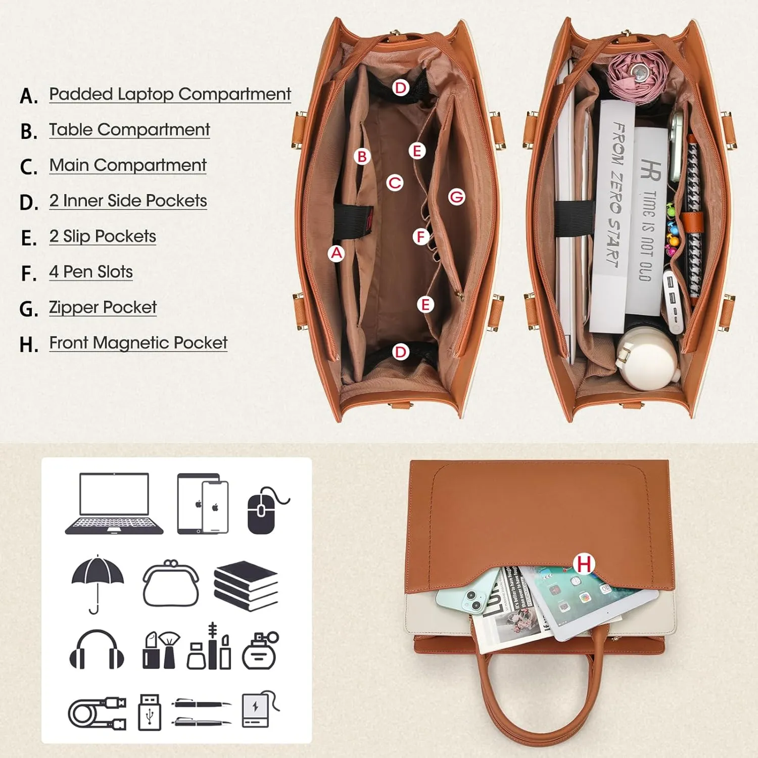 RAINSMORE Laptop Bag for Women 15.6 Inch Laptop tote Bag, Brown and White