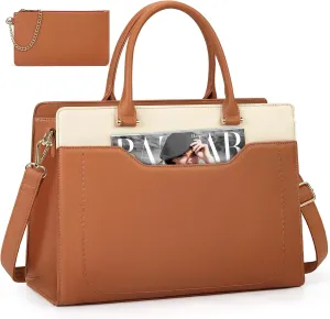 RAINSMORE Laptop Bag for Women 15.6 Inch Laptop tote Bag, Brown and White