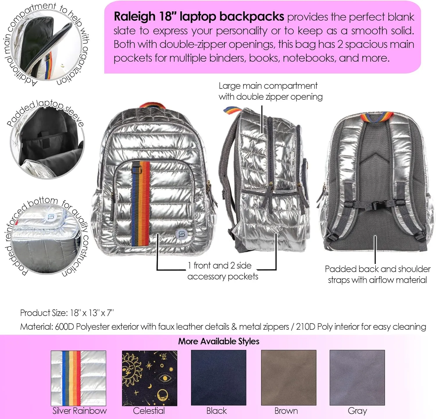 RALEIGH 18" Silver Rainbow Puff Backpack, BAZIC x SYDNEY Fashion Backpack Shoulder Bag Casual Travel Bag Hiking Daypack
