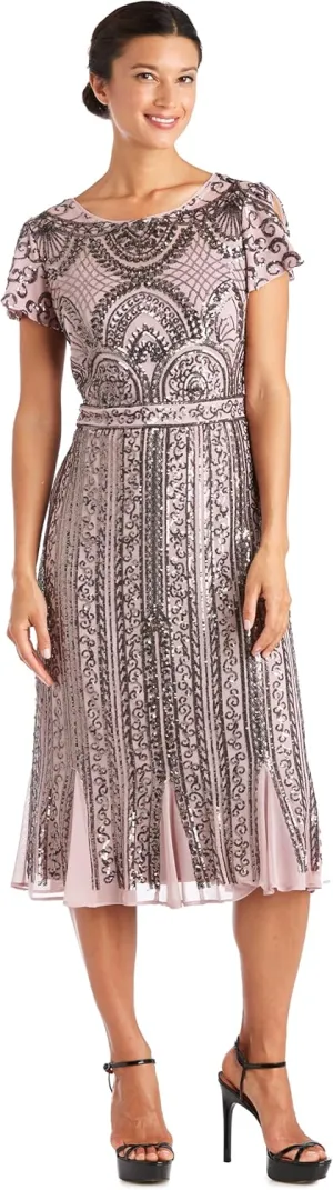 R&M Richards Womens Full Length Sequined Evening Dress