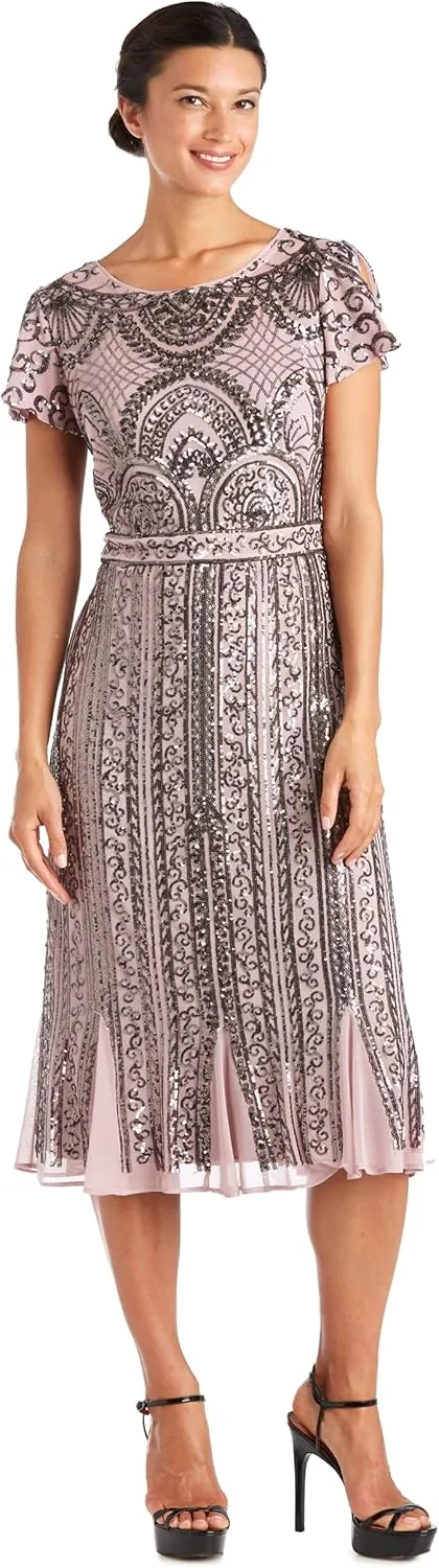 R&M Richards Womens Full Length Sequined Evening Dress