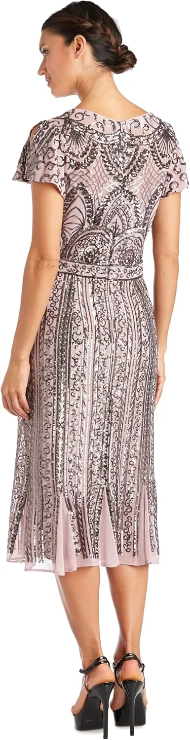 R&M Richards Womens Full Length Sequined Evening Dress