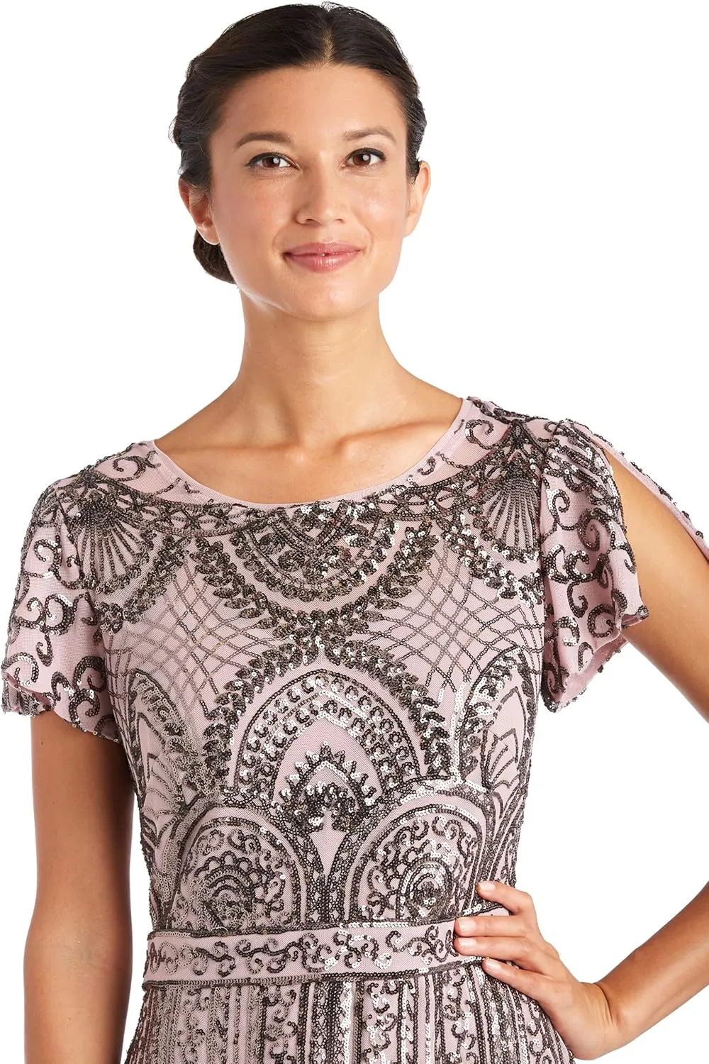 R&M Richards Womens Full Length Sequined Evening Dress