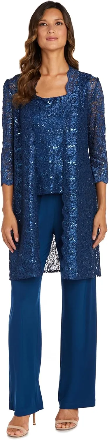 R&M Richards Womens Plus Sequined Lace Pant Suit