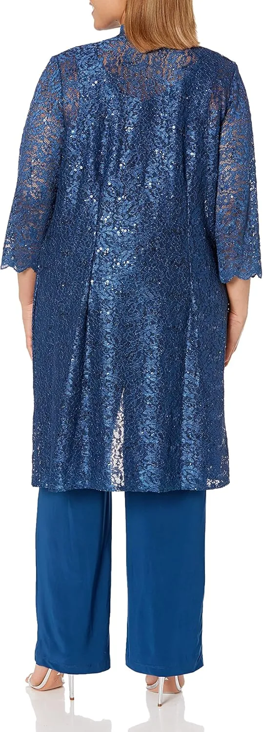 R&M Richards Womens Plus Sequined Lace Pant Suit