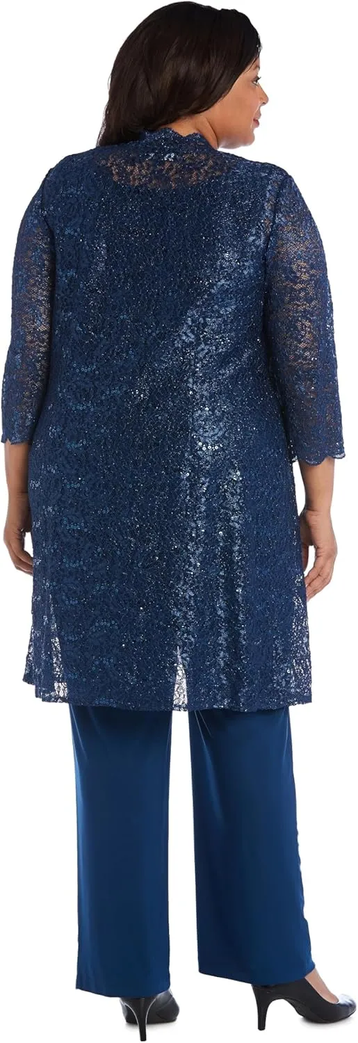 R&M Richards Womens Plus Sequined Lace Pant Suit