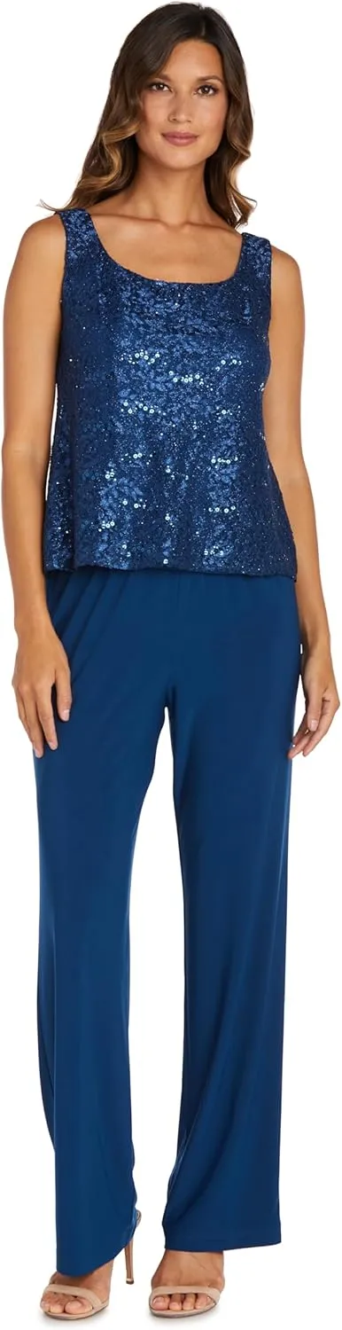 R&M Richards Womens Plus Sequined Lace Pant Suit