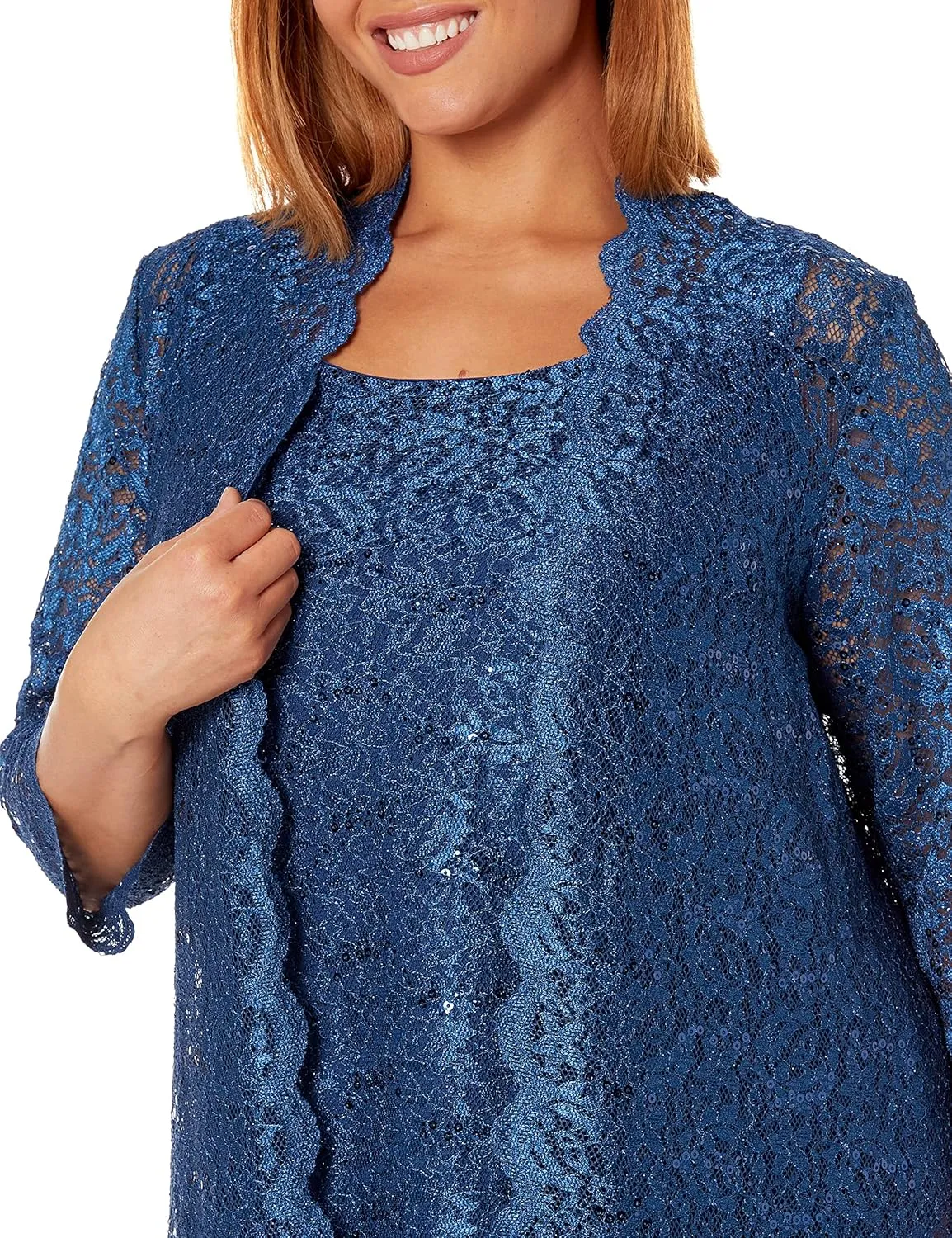 R&M Richards Womens Plus Sequined Lace Pant Suit