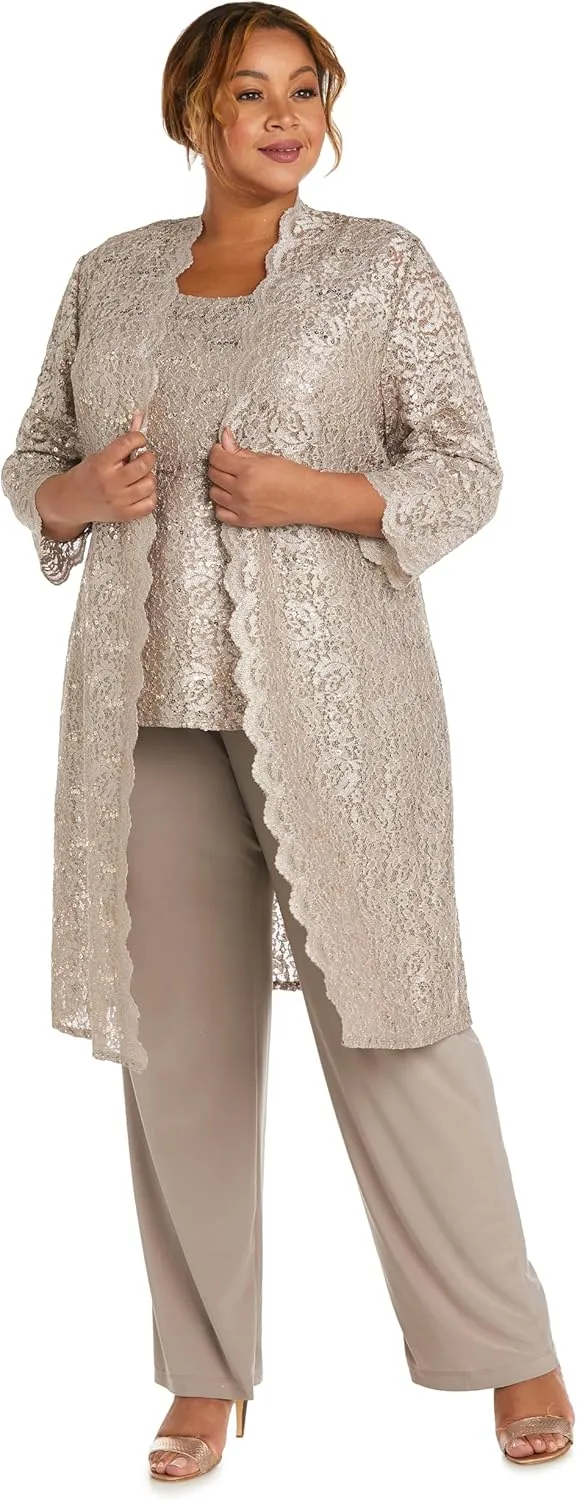 R&M Richards Womens Plus Sequined Lace Pant Suit